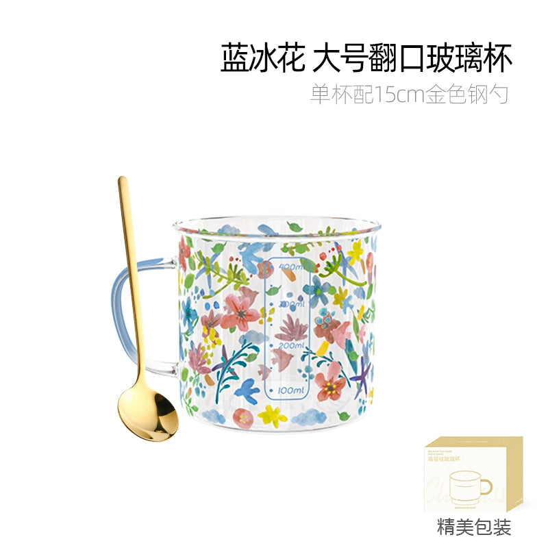 Xibiler Flowers and Plants with Handle Glass Cup with Scale High Temperature Resistant Household Coffee Cup Tea Cup Good-looking Breakfast Cup