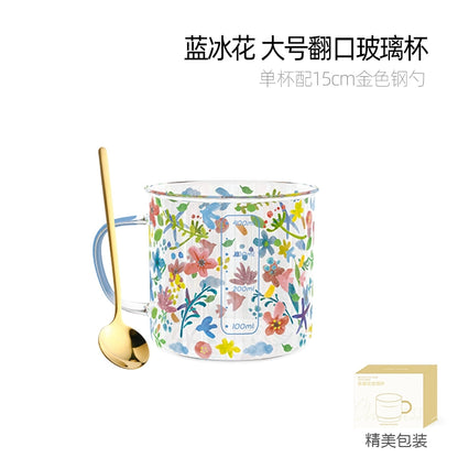 Xibiler Flowers and Plants with Handle Glass Cup with Scale High Temperature Resistant Household Coffee Cup Tea Cup Good-looking Breakfast Cup