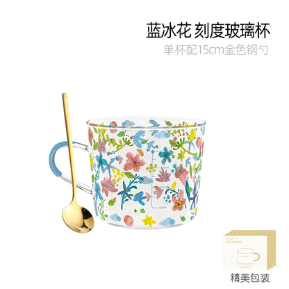 Xibiler Flowers and Plants with Handle Glass Cup with Scale High Temperature Resistant Household Coffee Cup Tea Cup Good-looking Breakfast Cup