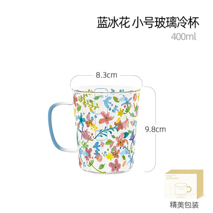 Xibiler Flowers and Plants with Handle Glass Cup with Scale High Temperature Resistant Household Coffee Cup Tea Cup Good-looking Breakfast Cup