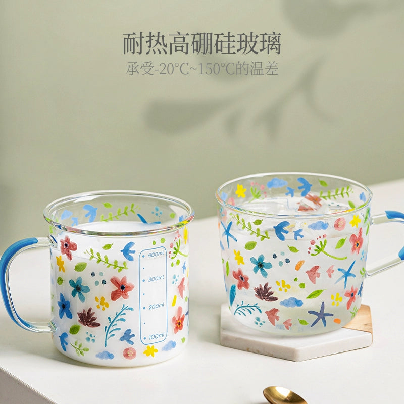 Xibiler Flowers and Plants with Handle Glass Cup with Scale High Temperature Resistant Household Coffee Cup Tea Cup Good-looking Breakfast Cup