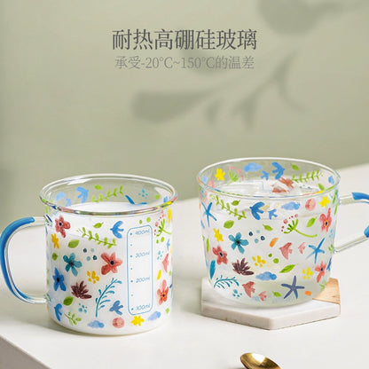 Xibiler Flowers and Plants with Handle Glass Cup with Scale High Temperature Resistant Household Coffee Cup Tea Cup Good-looking Breakfast Cup