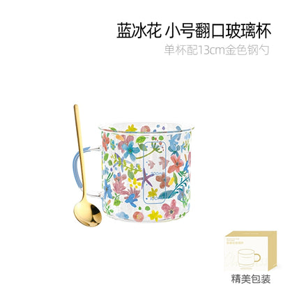 Xibiler Flowers and Plants with Handle Glass Cup with Scale High Temperature Resistant Household Coffee Cup Tea Cup Good-looking Breakfast Cup