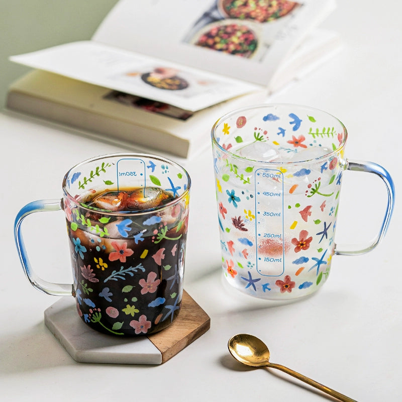 Xibiler Flowers and Plants with Handle Glass Cup with Scale High Temperature Resistant Household Coffee Cup Tea Cup Good-looking Breakfast Cup