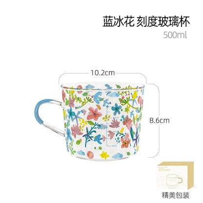 Xibiler Flowers and Plants with Handle Glass Cup with Scale High Temperature Resistant Household Coffee Cup Tea Cup Good-looking Breakfast Cup