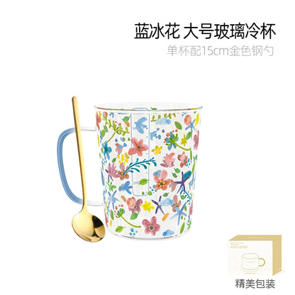 Xibiler Flowers and Plants with Handle Glass Cup with Scale High Temperature Resistant Household Coffee Cup Tea Cup Good-looking Breakfast Cup