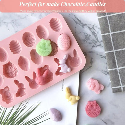 1 Pieces Easter Silicone Chocolate Moulds 18 Cavity Egg,Bunny, Rabbit Head,Basket shapes Mould for DIY Chocolate,Candy,Jelly
