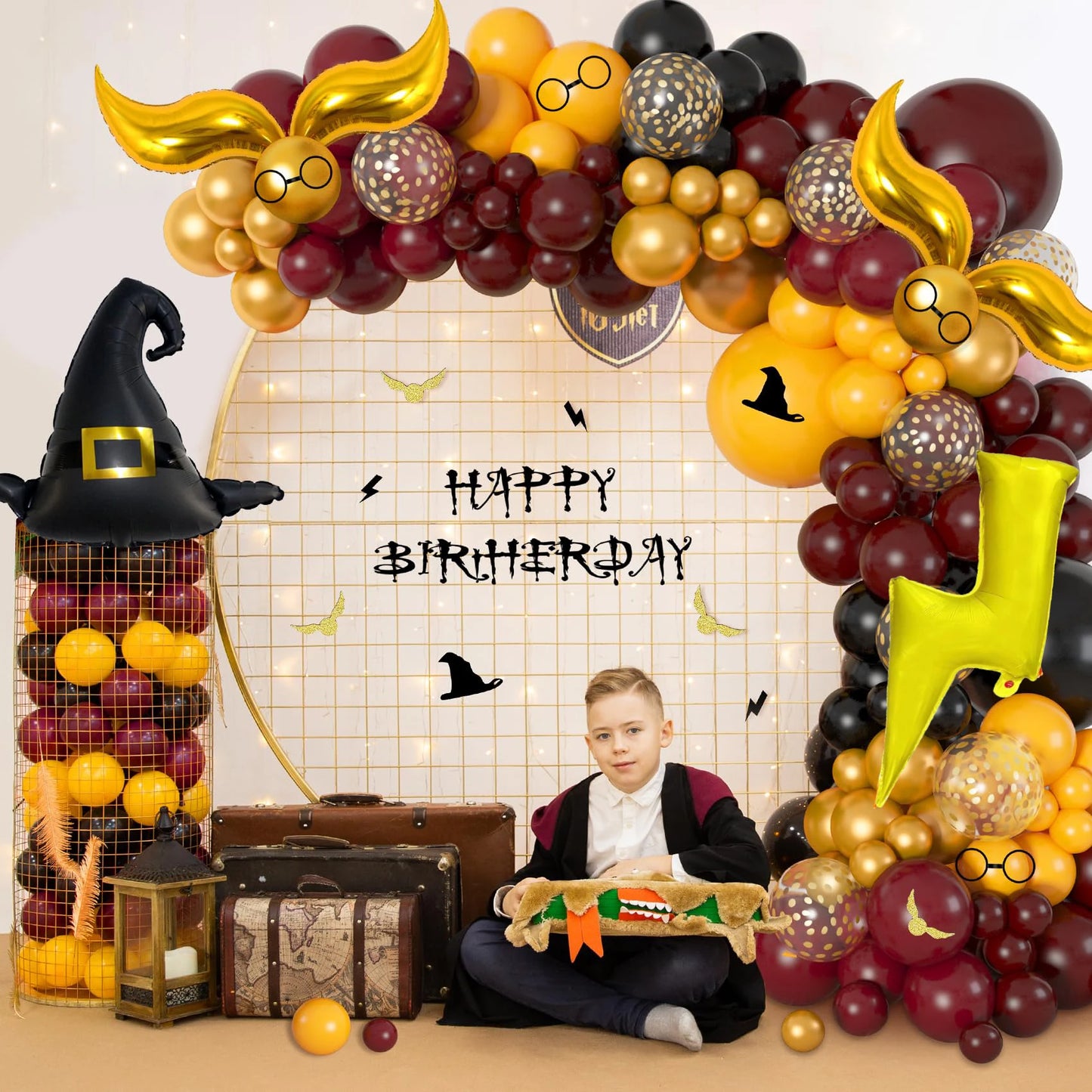Magical Wizard School Balloons Garland Arch Kit Burgundy Black Gold Snitch Wizard Hat for Halloween Magic Themed Birthday Party