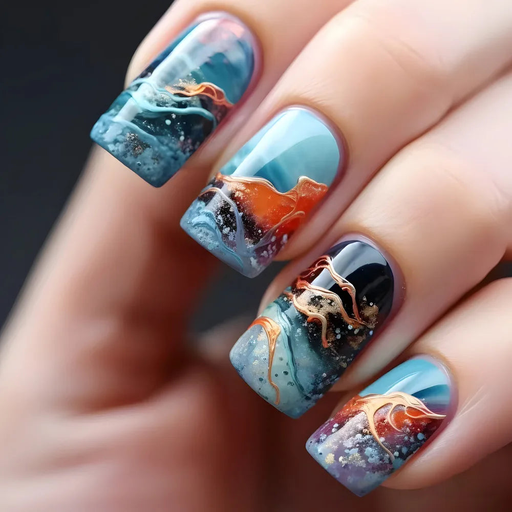 24pcs Gold Stripe Press‑On Nails – Long Square Full Cover Tips