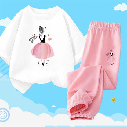 Teens Girls' 2-Piece Fashion Outfit: Princess Short Sleeve T-Shirt and Long Pants Tracksuit Set
