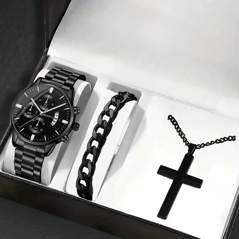 3PCS/Set Men's Casual Stainless Steel Luxury Calendar Quartz Watch,1 Pc Bracelet, 1 Pc Necklace