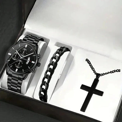 3PCS/Set Men's Casual Stainless Steel Luxury Calendar Quartz Watch,1 Pc Bracelet, 1 Pc Necklace
