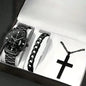 3PCS/Set Men's Casual Stainless Steel Luxury Calendar Quartz Watch,1 Pc Bracelet, 1 Pc Necklace