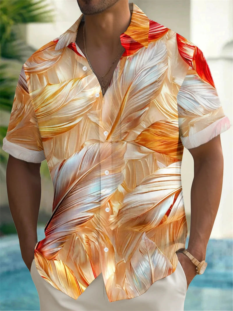 Men's 3D Print Colorful Feather Short Sleeve Turndown Hawaiian Button Up No Pockets Shirts