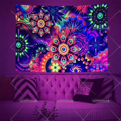 Boho Blacklight Tapestry Colorful Mandala Floral Tapestry Wall Hanging UV Reactive Aesthetic Glow In The Dark Party Backdrops