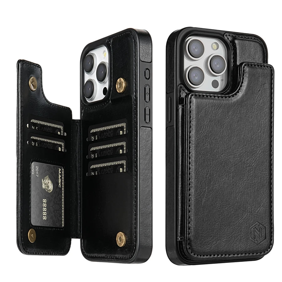 Magnetic Wallet Case for iPhone – Solid‑Color Leather Cover with Double Buckle, RFID‑Blocking Card Holder (iPhone 15/14/13/12/11, XR, XS, SE2, 8, 7)