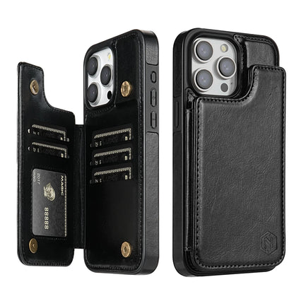 Magnetic Wallet Case for iPhone – Solid‑Color Leather Cover with Double Buckle, RFID‑Blocking Card Holder (iPhone 15/14/13/12/11, XR, XS, SE2, 8, 7)