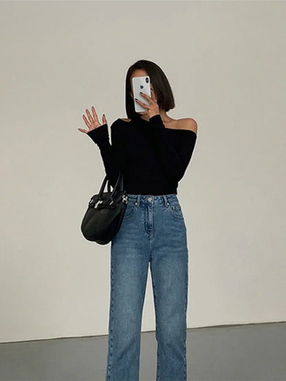 Womens Skew Collar Off-shoulder Long-sleeved Slim Fit Top