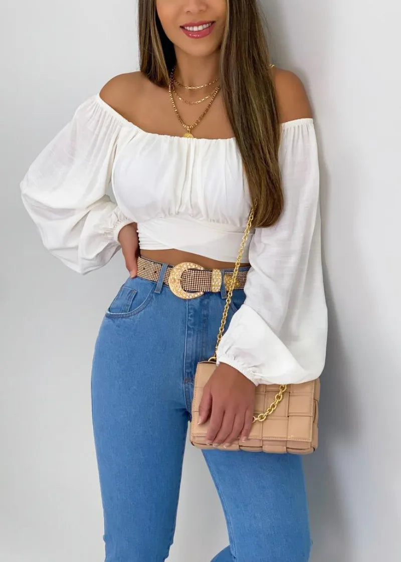 Women's Sexy Off-Shoulder Puff Sleeves Lace-up Tops Navel-Baring Shirts One-Colored Elegant Ladies Bright Color T-Shirt Tops