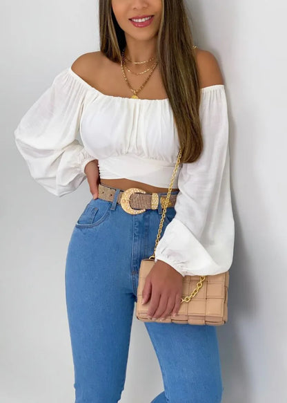 Women's Sexy Off-Shoulder Puff Sleeves Lace-up Tops Navel-Baring Shirts One-Colored Elegant Ladies Bright Color T-Shirt Tops