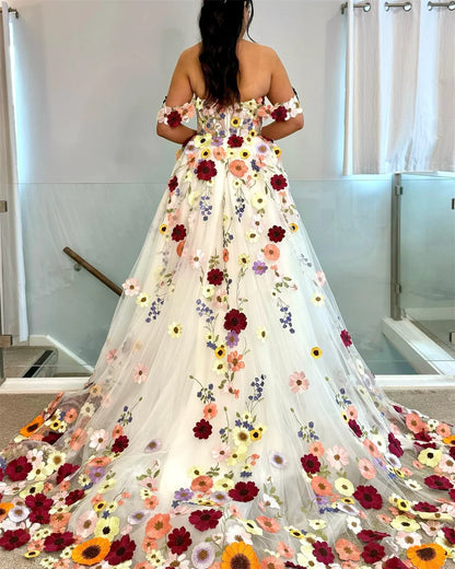 Cathy Off Shoulder 3D Flowers A-line Wedding Dress With Court Train vestidos de noiva Zip Back Customized Formal Evening 2025