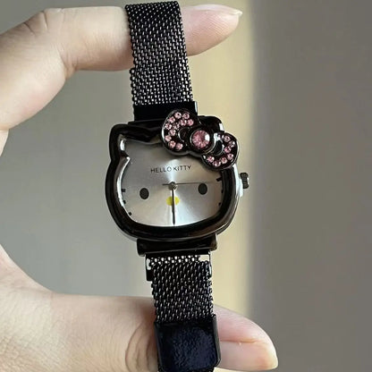 Anime Sanrio Hello Kitty Diamond Watch Kt Cat Kawaii Pink Ladies Gold Sliver Metal Jewelry Cartoon Magnetic Watch Birthday Gifts