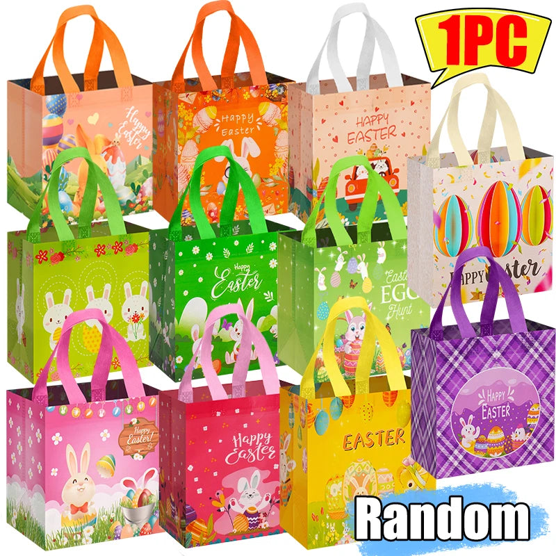 Easter Tote Gift Bags Creative Cartoon Rabbit Egg Basket Pattern Laminating Nonwoven Tote Bags Eco-Friendly Mall Shopping Bags