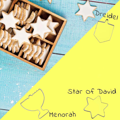 “3‑Pack Hanukkah Cookie Cutters – Menorah, Dreidel & Star Stainless Steel Set
