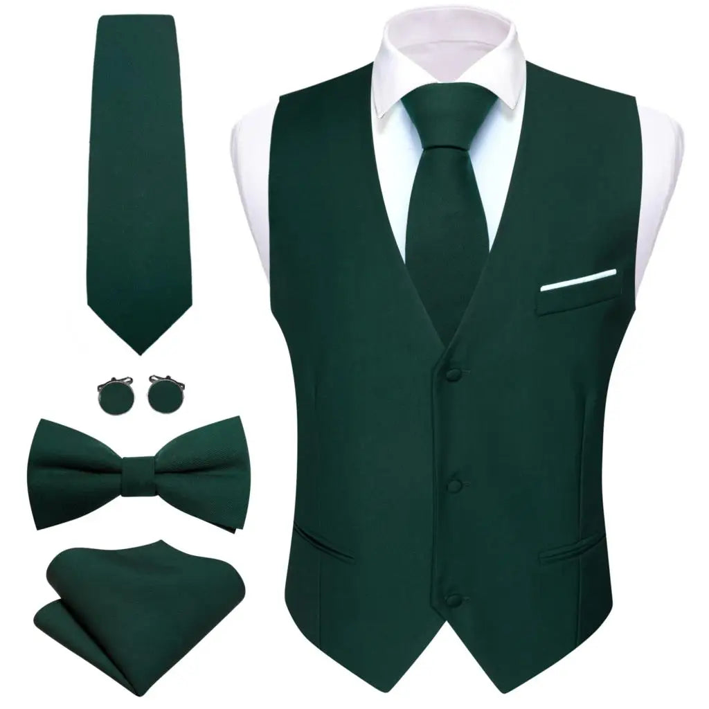 Designer Men's Vest Solid Silk Satin Waistcoat Tie Bowtie Hanky Set