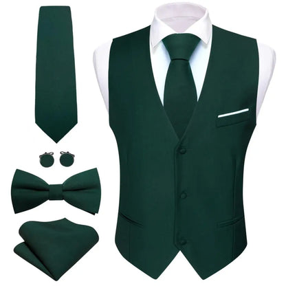 Designer Men's Vest Solid Silk Satin Waistcoat Tie Bowtie Hanky Set