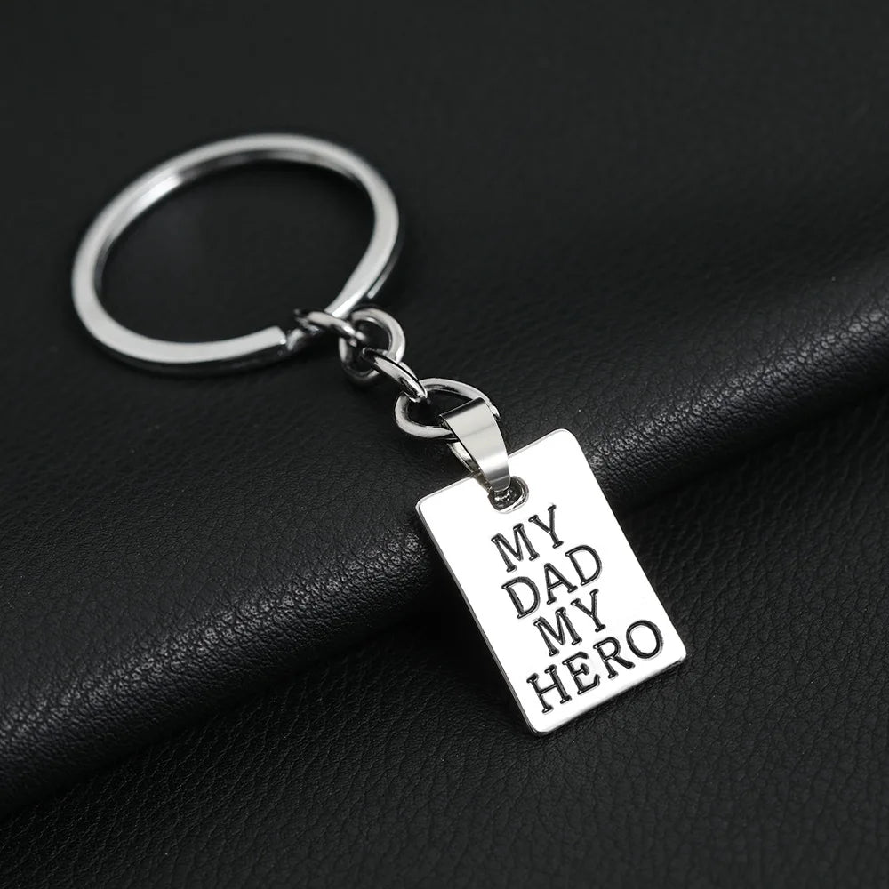 "MY DAD MY HERO" Keychain Necklace for Men Women Square Brand Carved Letter Pendant Chain Key Ring Accessories Father's Day Gift