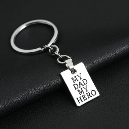 "MY DAD MY HERO" Keychain Necklace for Men Women Square Brand Carved Letter Pendant Chain Key Ring Accessories Father's Day Gift