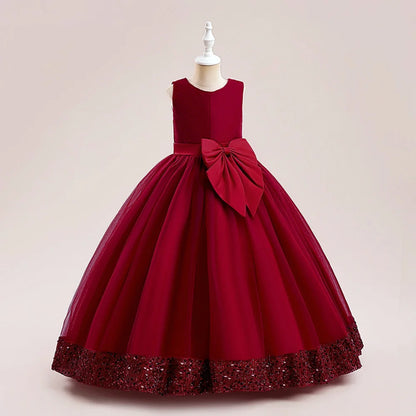 Girls Fluffy Sequin Bridesmaid Princess Elegant Bow Wedding Prom Evening Party Dresses