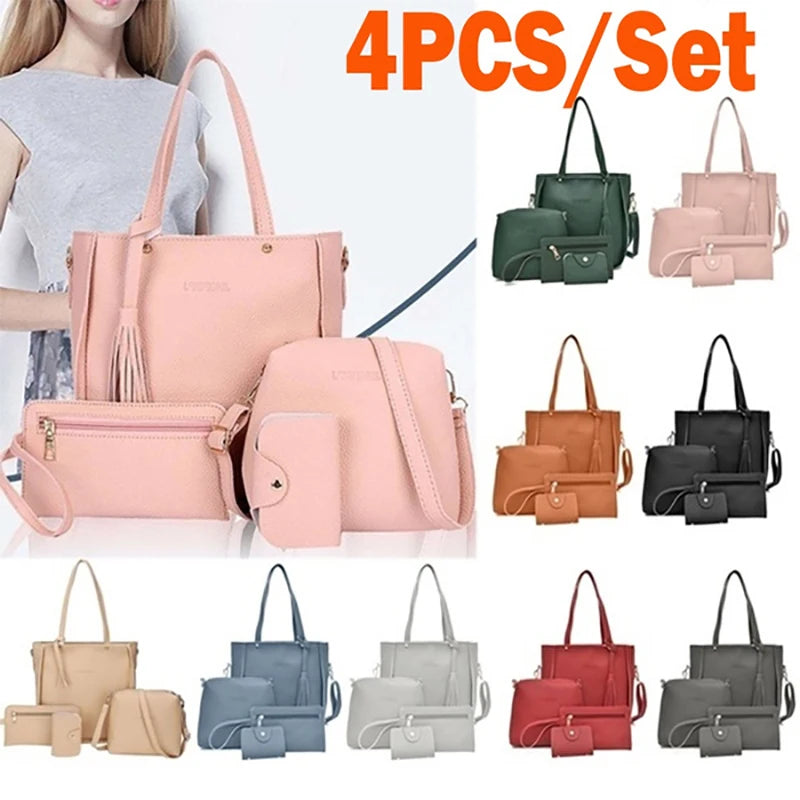 4pcs/set Ladies Leather Bag Set Polyester Shoulder Bag Handbag Messenger Bag Set 9 Colors