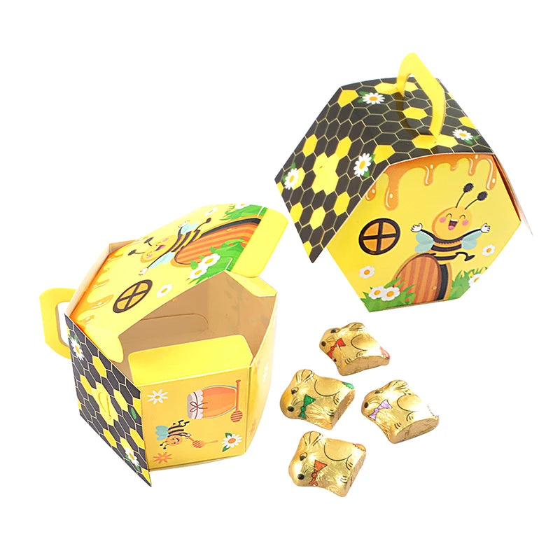 10/20pcs Bee House Paper Candy Gifts Box With Handle Kids Bee Birthday Gift Packaging Boxes Baby Shower Wedding Party Decoration