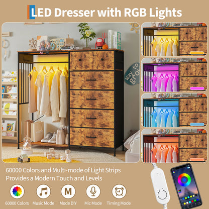 150cm Chest of Drawers, Reversible 6 Fabric Drawers Hanging Rack Dresser Closet w/LED Lights & Charging Station for Kids Bedroom