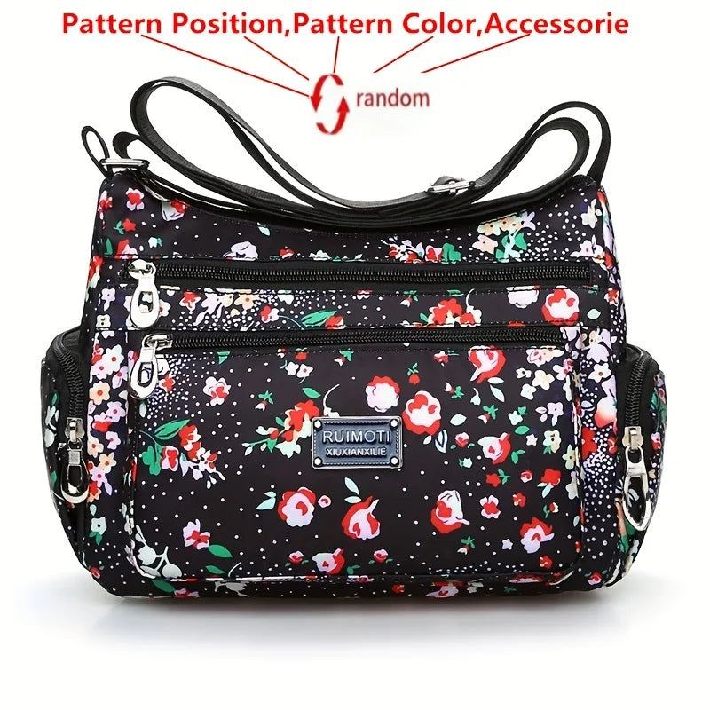 Floral Print Crossbody Bag, Trendy Nylon Shoulder Bag, Women's Multi Layer Messenger Bag For Travel