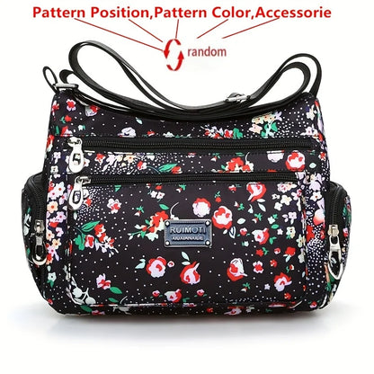 Floral Print Crossbody Bag, Trendy Nylon Shoulder Bag, Women's Multi Layer Messenger Bag For Travel