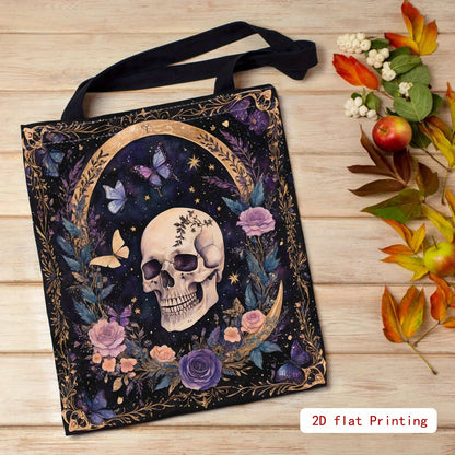 Women’s Gothic Skull Floral Tote – Large Capacity Open‑Top Purse (Purple / Black / Gold)