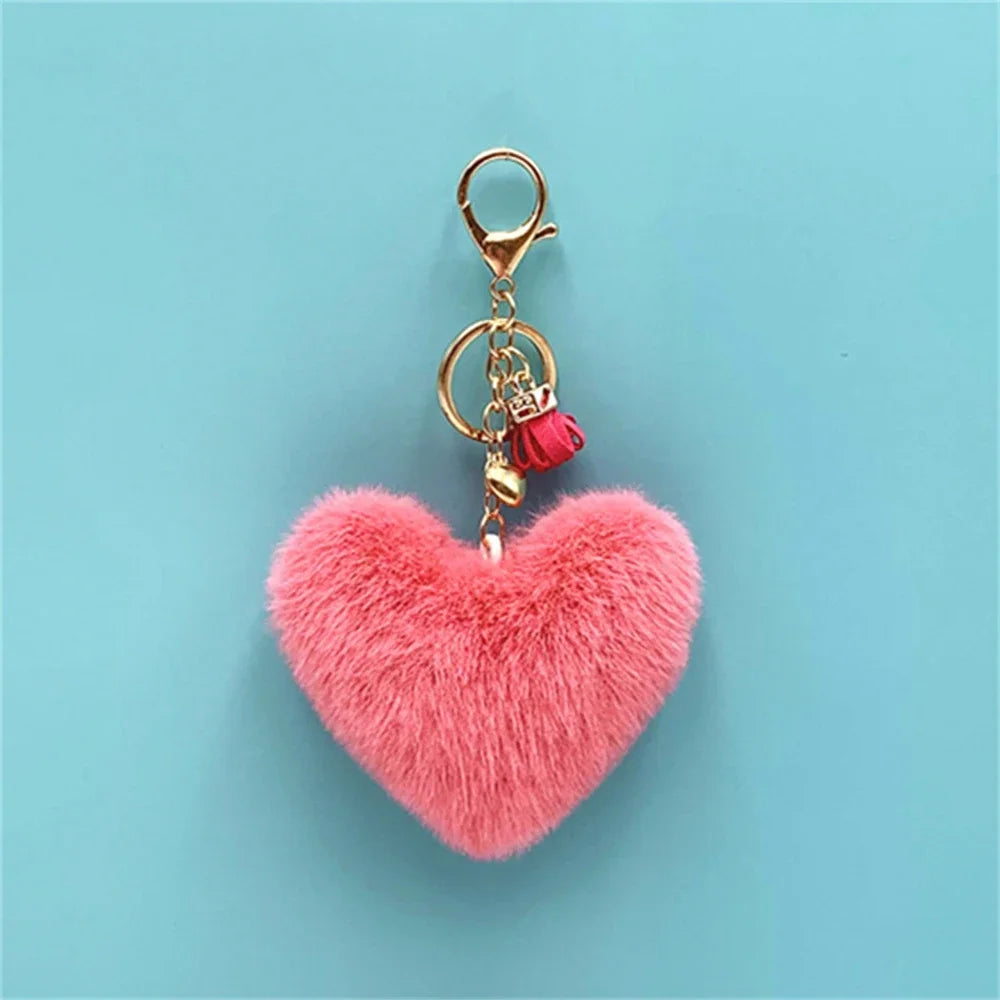Rainbow Heart Pompom Keychain – Colorful Plush Ball Tassel Bag Charm for Women