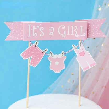 Gender Reveal Cake Decoration Blue Pink Baby Boy Girl Cake Toppers Baby Bottle Stroller Happy Birthday Cupcake Topper Baking