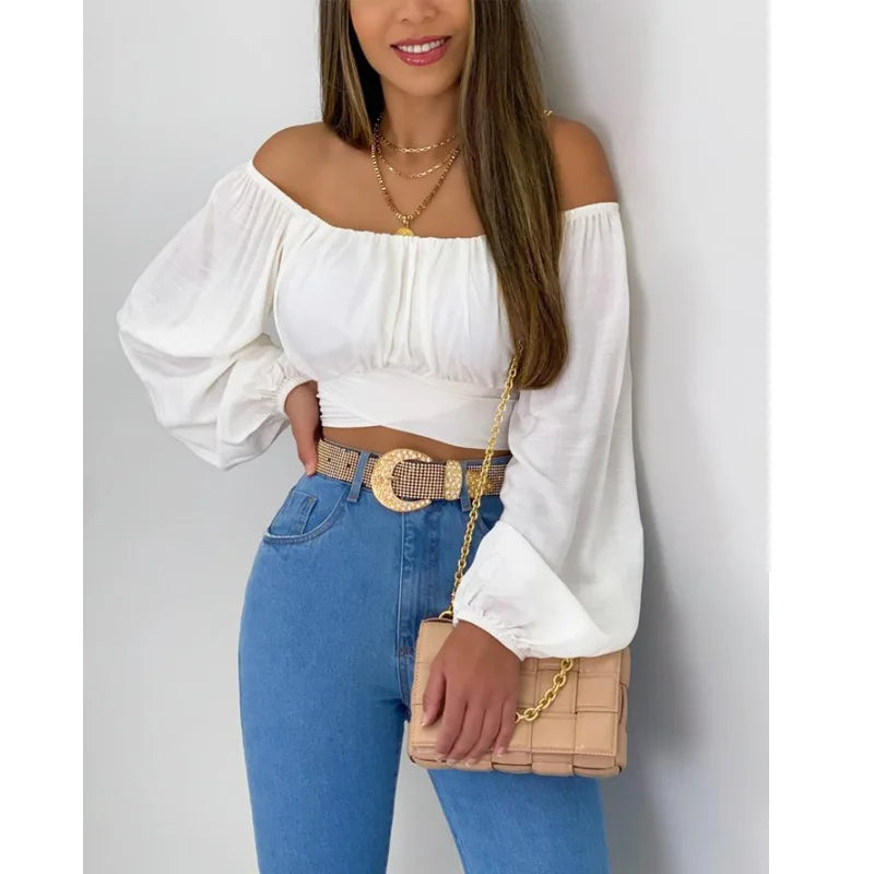Women's Sexy Off-Shoulder Puff Sleeves Lace-up Tops Navel-Baring Shirts One-Colored Elegant Ladies Bright Color T-Shirt Tops