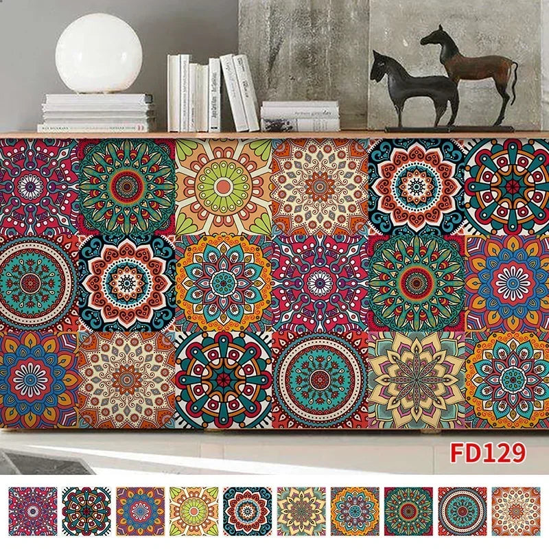 10pcs/set Mandala Style Crystal Hard Tiles Ceramics Wall Sticker Kitchen Wardrobe Decor Art Mural & Stick Wall Decals