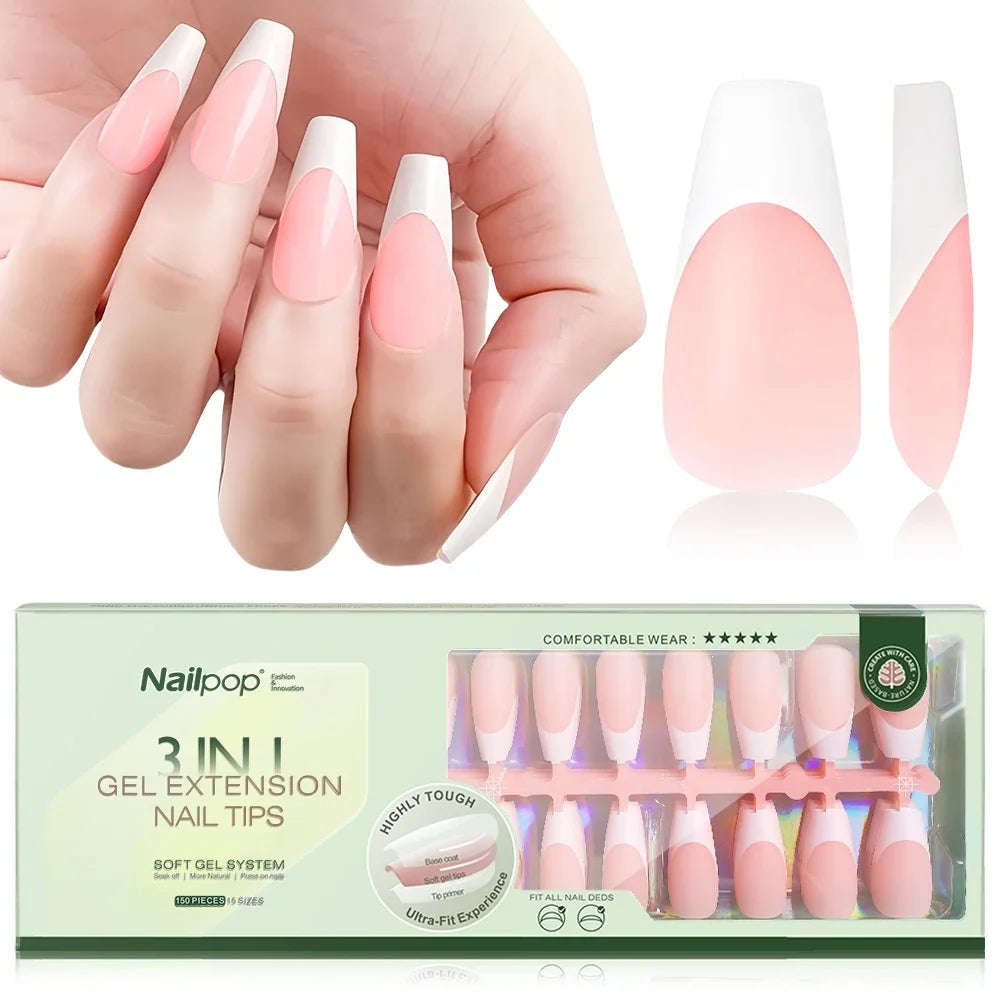 150PCS Short Coffin Press on Nails 3 in 1 Coat Soft Gel Nail Tips French Tip 15 Sizes