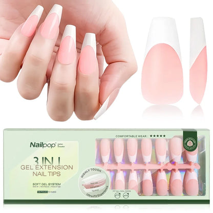 150PCS Short Coffin Press on Nails 3 in 1 Coat Soft Gel Nail Tips French Tip 15 Sizes