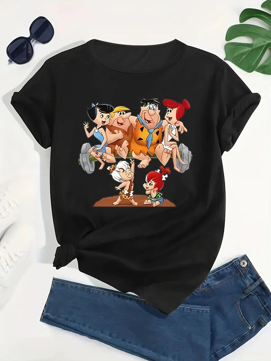 Crew Neck T-Shirt made of a polyester blend with medium stretch, designed as a casual knit top featuring a classic cartoon character graphic, suitable for women.