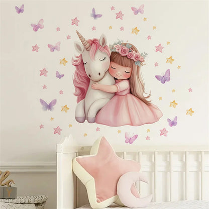 Cartoon Girl Unicorn Vinyl Child Wall Stickers for Baby Room Decoration Bedroom Accessories Furniture Decals Wall Art Room Decor