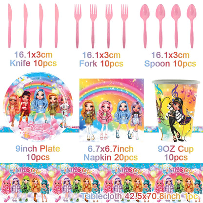 Cartoon Rainbow Doll High School Theme Background Birthday Party Decoration Supplies Disposable Cup Cutlery Balloon Baby Gift