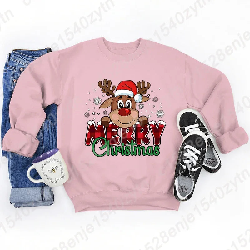 Women's Festive Christmas Reindeer & Plaid Graphic Sweatshirt Casual Loose Fit Long Sleeve Crew Neck Sweatshirts for Winter