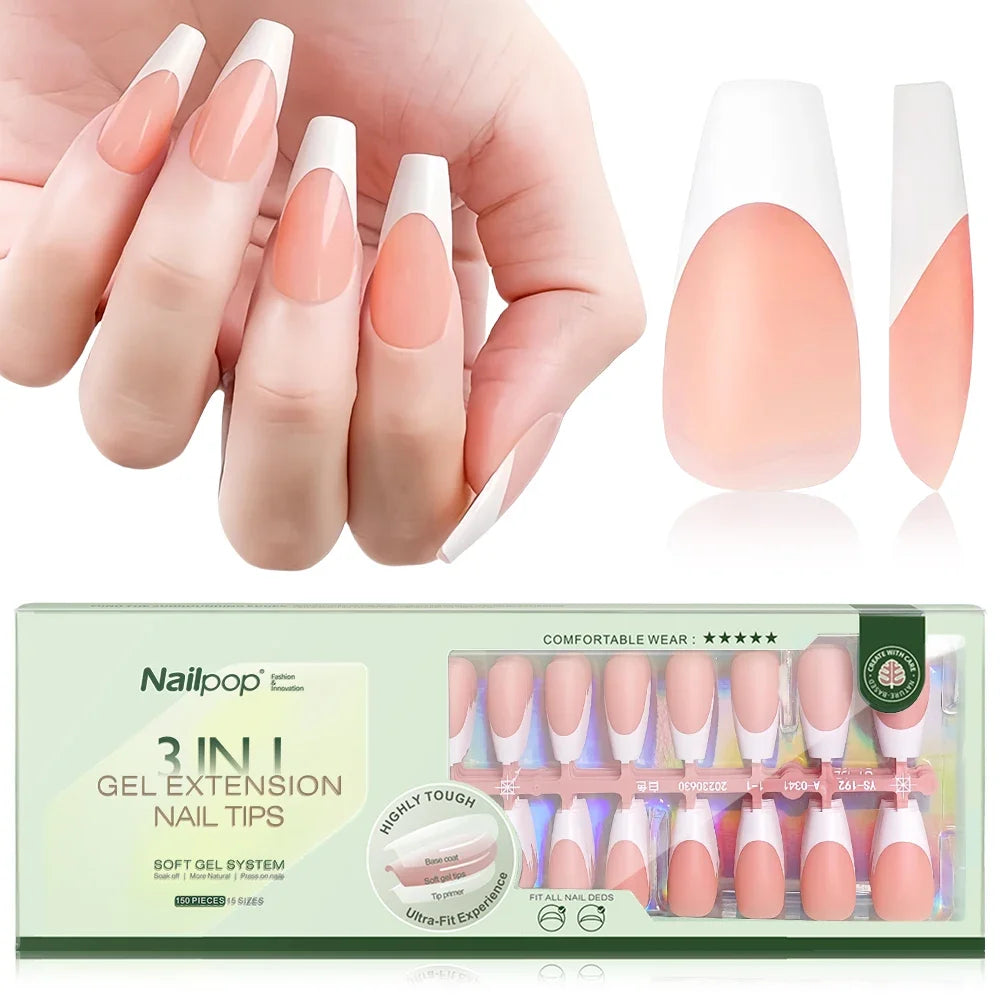 150PCS Short Coffin Press on Nails 3 in 1 Coat Soft Gel Nail Tips French Tip 15 Sizes